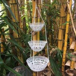 TRIPLE Hanging WEAVED WIRE Baskets, MACRAME STYLE connected chains 40 inch tall